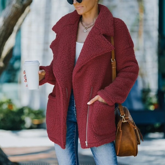 Cozy Brown Wide Collar Teddy Jacket Coat Oversized - Picture 14 of 16